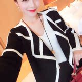 韩版孕妇装秋冬季新款时尚撞色孕妇外套翻领长款大码针织开衫上衣
