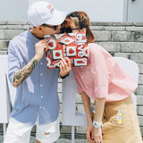 情侣装夏装韩版运动套装夏季竖条纹宽松短袖衬衫