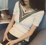 2016春夏季韩版新款修身V领半袖T恤衫短袖黑白色打底针织衫女上衣