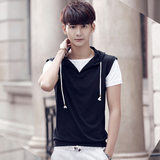 2015夏季新款男装短袖T恤连帽假两件修身纯色韩版上衣服半袖男士t