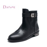 Daphne/达芙妮2015冬季新品女鞋 时尚圆头低跟方跟搭扣侧拉链短靴