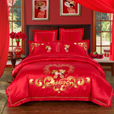 欧式婚庆四件套大红色结婚床上用品床单床盖被套贡缎刺绣新婚床品