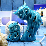 地中海创意景泰蓝猫头鹰一家陶瓷摆件欧式家居装饰品 结婚礼物