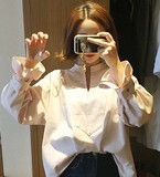 韩国代购小清新可爱甜美荷叶袖百搭宽松衬衫长袖打底衬衣女