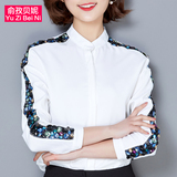 衬衫女长袖2016春装新款韩版大码女装气质显瘦雪纺镶钻打底衫上衣