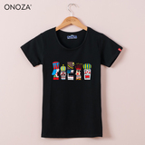 ONOZA2016夏季修身黑色T恤女 可爱5个雕像卡通学生棉短袖体恤1058