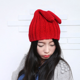 新款原创韩国秋冬季纯手工编织毛线帽子可爱兔耳朵绒线针织帽女士