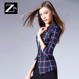 ZK女装2016春装新款格子拼接小西装外套女七分袖一粒扣休闲西服潮