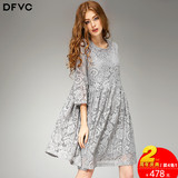 dfvc2016秋装新款女装欧美蕾丝刺绣A字裙镂空喇叭袖宽松连衣裙