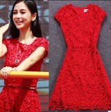 香港欧时力代购公司ochonnaly2016夏季新款通勤红色蕾丝连衣裙女