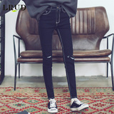 LRUD2015秋冬新款韩版高腰破洞牛仔裤女修身显瘦弹力铅笔打底裤