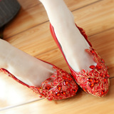 中国风红色金丝水钻婚鞋女手工水晶新娘鞋平底鞋浅口婚宴平跟单鞋