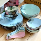 特价 手绘釉下彩 中式餐具套装 碗盘碟子勺17件家用高档陶瓷碗盘