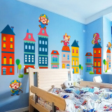 创意彩色卡通可爱自粘墙贴纸幼儿园儿童房间装饰贴画猴子城堡建筑