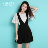 2016韩版新款蕾丝衫上衣+背带半身裙女套装 学院风两件套连衣裙夏