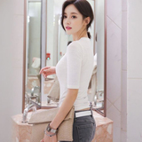 韩版紧身中袖T恤女夏装简约纯色小圆领上衣修身显瘦五分袖打底衫