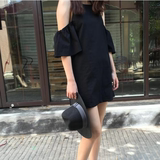 夏季新款韩版宽松镂空短袖吊带连衣裙 韩国显瘦黑色裙子短裙女潮