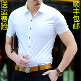 新款夏季男士纯色短袖衬衫中青年丝光棉薄款商务休闲修身衬衣潮