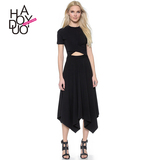 Haoduoyi不规则中长款连衣裙夏季 修身显瘦性感镂空黑色女短袖