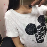 韩国单2015新款白色竹节棉米奇T恤女夏宽松简约大码卡通印花短袖