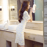 2016夏季新款女装韩版小清新短袖修身包臀裙子白色显瘦蕾丝连衣裙