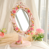 化妆梳妆镜桌面立台式田园公主可爱粉色树脂浮雕花边镜子 AA513