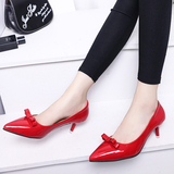 中跟鞋红色女婚鞋单鞋小细跟3-5厘米舒适甜美蝴蝶结高跟鞋工作鞋