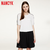 Nancyk夏新品收腰短款欧美休闲时尚纯色条纹五分袖雪纺套头衬衫女