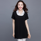 新款韩版女装夏季宽松短袖中长款通勤百搭大码t恤韩版衬衫领上衣