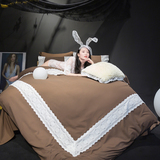 简约田园纯色公主风蕾丝白色花边磨毛床单被套床上四件套1.5米床