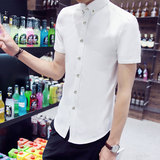 夏季短袖衬衫男青年简约纯色百搭修身半袖韩版潮流学生雪纺白衬衣