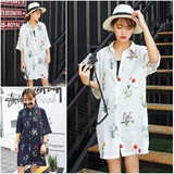 韩国2016夏季女装新款宽松雪纺碎花翻领中长款五分袖衬衫开衫外套