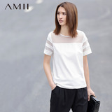 Amii2016春夏大码宽松短袖T恤女纯色白色网布透视上衣服女式体恤