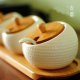 【虚靡时光】 日式陶瓷调味罐套装宜家调味料盒三件套圆形带托盘
