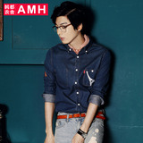 AMH男装韩版2016春装新款时尚修身刺绣男士牛仔长袖衬衫GR5030榵