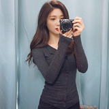 一件代发秋冬T恤女长袖薄款修身上衣打底衫韩版拼接翻领Q16234