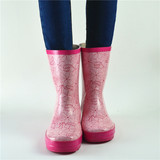 特价跑量外贸正品春夏时尚中筒粉色花纹女士雨鞋雨靴套鞋平跟水鞋