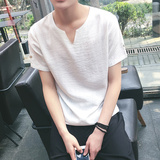 香港代购夏季亚麻短袖t恤男士纯色v领薄款五分袖青年大码体恤汗衫