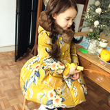 女童棉衣韩国童装加绒加厚中长款新年装公主大花韩版儿童棉袄棉服