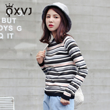 QXVJ2016秋季新款韩版女装套头针织衫女彩色条纹圆领修身打底毛衣