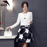 棋格梵2015春秋新款女装韩版印花时尚套装潮气质长袖两件套连衣裙