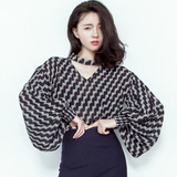 2016秋装新款韩版气质V领印花长袖t恤女宽松显瘦灯笼袖上衣打底衫