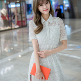 夏季白色V领通勤新款韩版时尚蕾丝双层吊带打底连衣裙娃娃领短袖