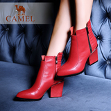Camel/骆驼女鞋 简约 牛皮双拉链尖头粗高跟中筒靴