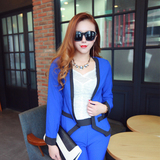 2015圆领纯色通勤蓝色新款小西装女外套韩版修身大码女装西服套装