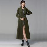 香港代购韩国SZ2014冬新款女超长款羊绒大衣修身翻领外套毛呢大衣