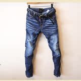 [专柜正品]D2牛仔裤男 欧美新款深蓝色简约破洞修身二次方小脚裤
