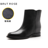 BRUT ROSE欧美时尚头层牛皮内增高粗跟女短靴 圆头低跟黑色马丁靴