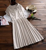 新品单件甜美夏季高领短袖条纹常规长裙衬衣森女女装连衣裙