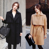 韩国2016秋冬新款韩版气质修身显瘦收腰系带中长款毛呢大衣外套女